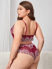 Plus Floral Lace Lingerie Set - Burgundy - View 2