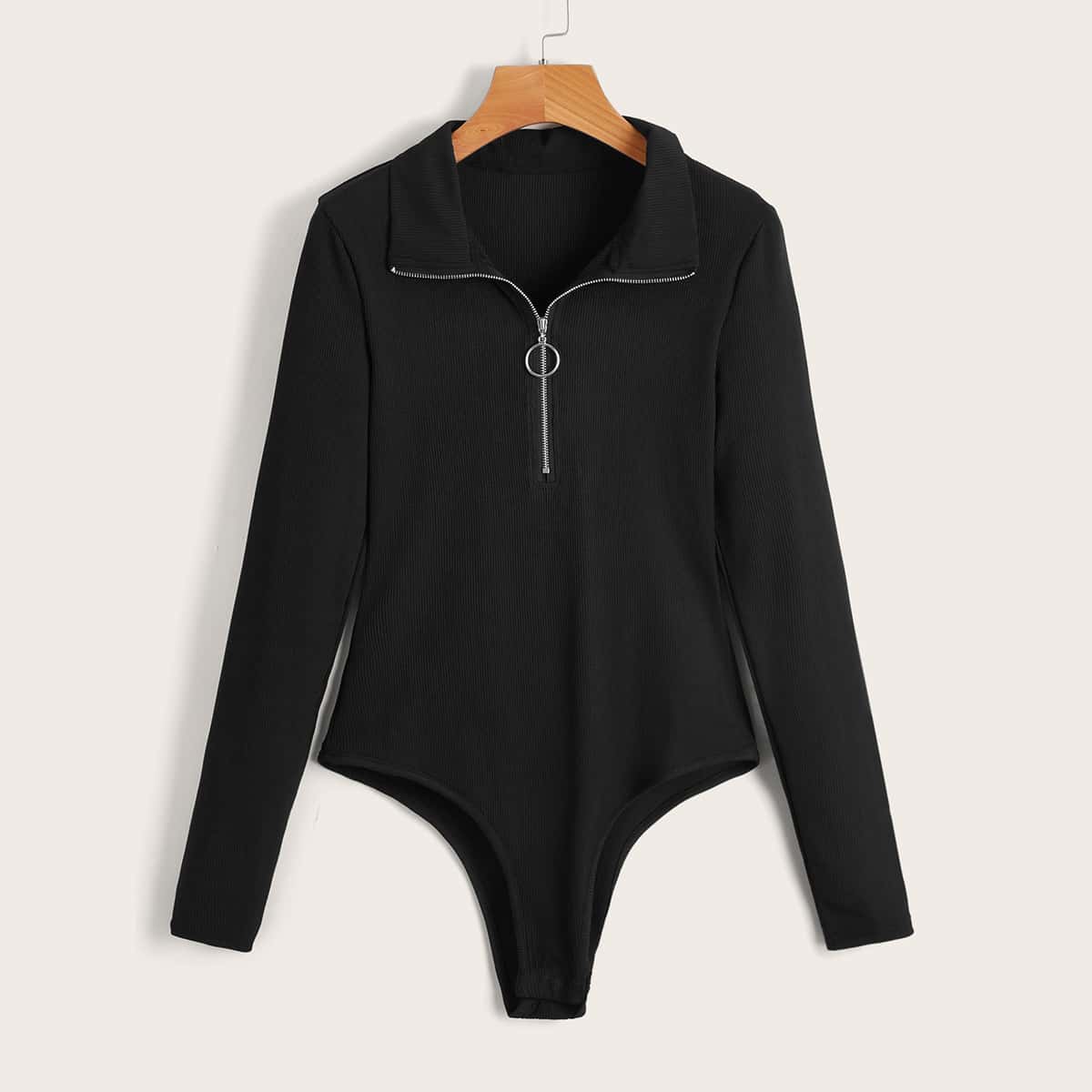 

Solid Half Zip Ring Decor Ribbed Bodysuit, Black