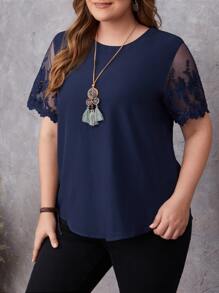 EMERY ROSE 大碼拼接刺繡網紗袖襯衫 - 藏蓝色 - 查看 1