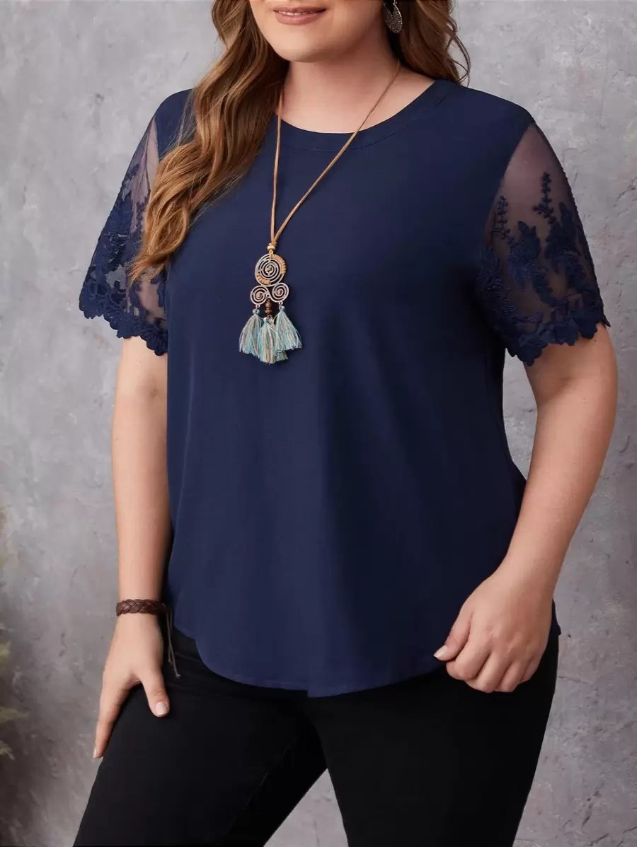 EMERY ROSE 大碼拼接刺繡網紗袖襯衫 - 藏蓝色 - 查看 1