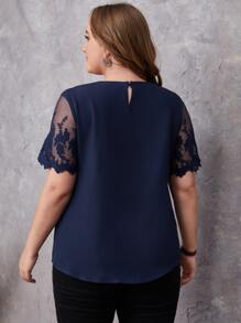 EMERY ROSE 大碼拼接刺繡網紗袖襯衫 - 藏蓝色 - 查看 2