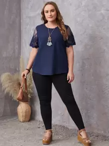 EMERY ROSE 大碼拼接刺繡網紗袖襯衫 - 藏蓝色 - 查看 4