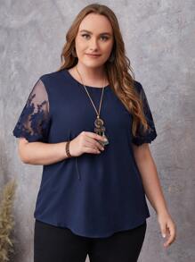 EMERY ROSE 大碼拼接刺繡網紗袖襯衫 - 藏蓝色 - 查看 5