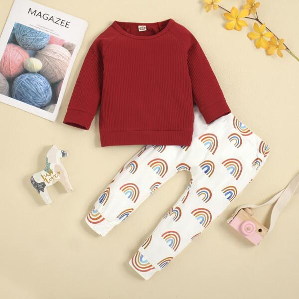 

Baby Boy Ribbed Raglan Sleeve Sweatshirt & Sweatpants, Red and white