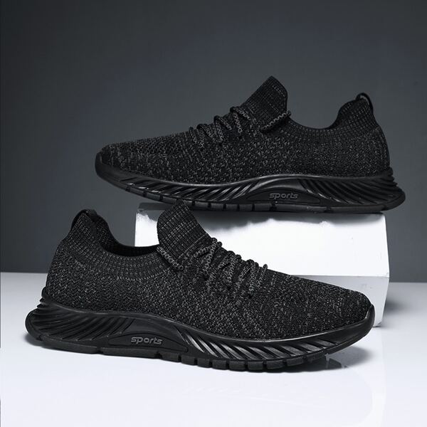

Men Lace Up Decor Knit Running Shoes, Black