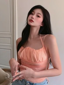 솔리드 앞가슴 셔링 캐미탑 - 산호 오렌지 - 보기 3
