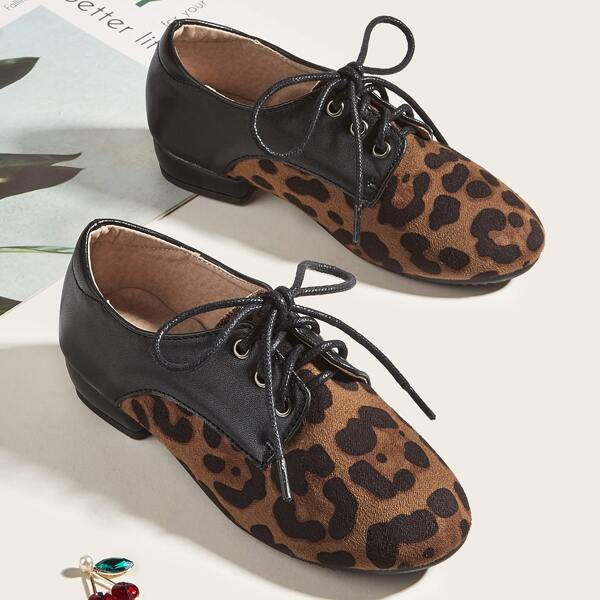 

Girls Suede Leopard Pattern Flat Oxfords, Brown