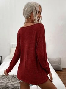 SHEIN LUNE Space Dye Boat Neck Batwing Sleeve Tee - Burgundy - View 2