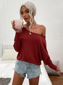SHEIN LUNE Space Dye Boat Neck Batwing Sleeve Tee - Burgundy - View 3