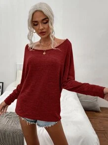 SHEIN LUNE Space Dye Boat Neck Batwing Sleeve Tee - Burgundy - View 4