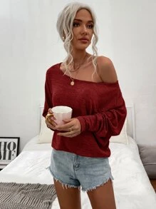 SHEIN LUNE Space Dye Boat Neck Batwing Sleeve Tee - Burgundy - View 5