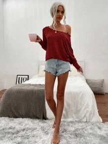 SHEIN LUNE Space Dye Boat Neck Batwing Sleeve Tee - Burgundy - View 6