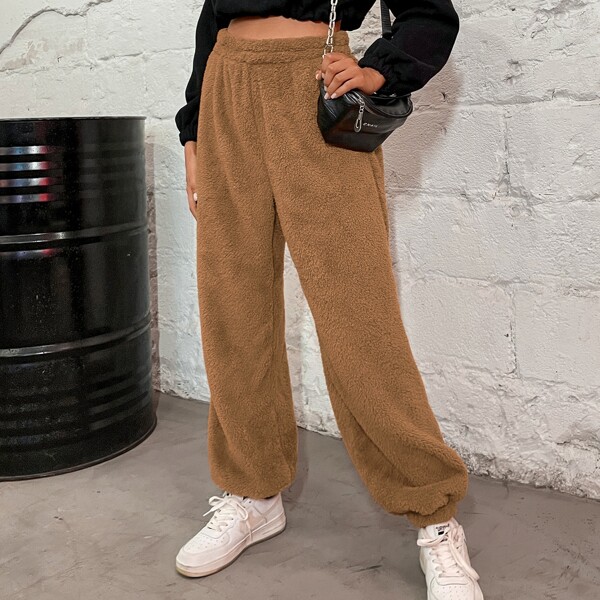 

High Waist Solid Teddy Pants, Brown