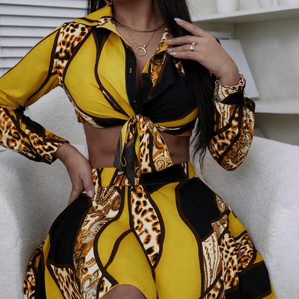 

Leopard Print Tie Front Blouse & Skirt, Multicolor