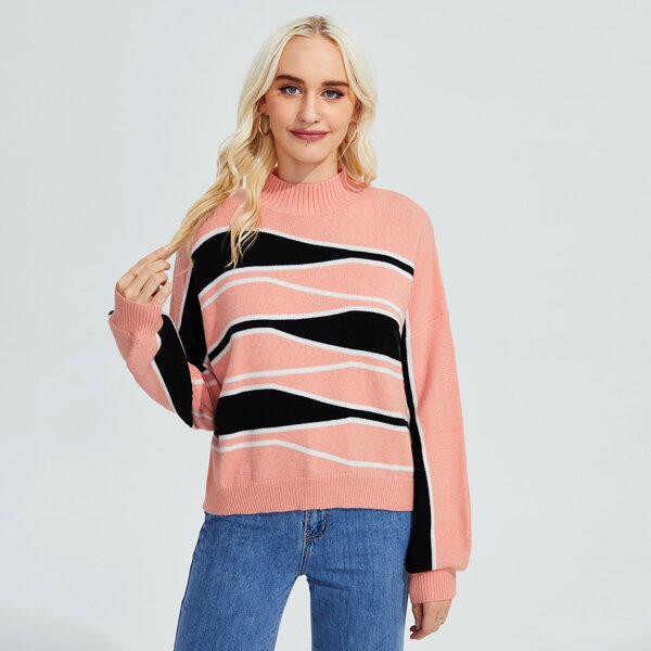 

Mock Neck Colorblock Pattern Drop Shoulder Sweater, Pink