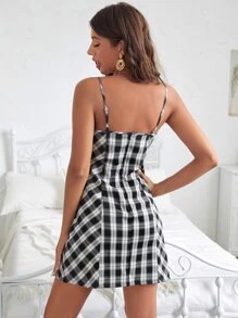 SHEIN Plaid Print Zip Back Cami Dress - Black - View 2