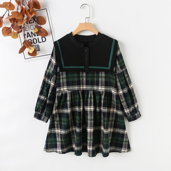 

Girls Plaid Print Sailor Collar Dress, Multicolor
