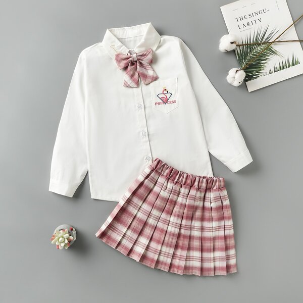 

Girls Tartan Flamingo And Letter Embroidery Blouse & Pleated Skirt, Multicolor