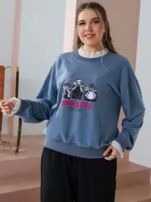 SHEIN LUNE Pullover ribete con fruncido de hombros caídos con estampado de letra y botella - Azul - Ver 1