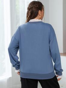 SHEIN LUNE Pullover ribete con fruncido de hombros caídos con estampado de letra y botella - Azul - Ver 2