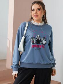 SHEIN LUNE Pullover ribete con fruncido de hombros caídos con estampado de letra y botella - Azul - Ver 3