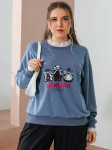 SHEIN LUNE Pullover ribete con fruncido de hombros caídos con estampado de letra y botella - Azul - Ver 4
