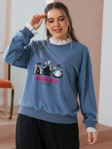 SHEIN LUNE Pullover ribete con fruncido de hombros caídos con estampado de letra y botella - Azul - Ver 6