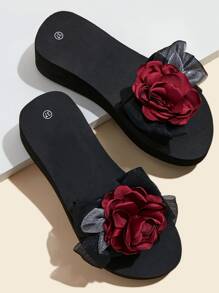 女士塑膠海灘拖鞋帶花貼花和坡跟跟 - 紅色 - 查看 1