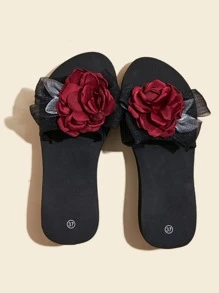 女士塑膠海灘拖鞋帶花貼花和坡跟跟 - 紅色 - 查看 2