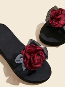 女士塑膠海灘拖鞋帶花貼花和坡跟跟 - 紅色 - 查看 4