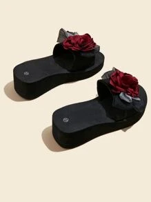 女士塑膠海灘拖鞋帶花貼花和坡跟跟 - 紅色 - 查看 5