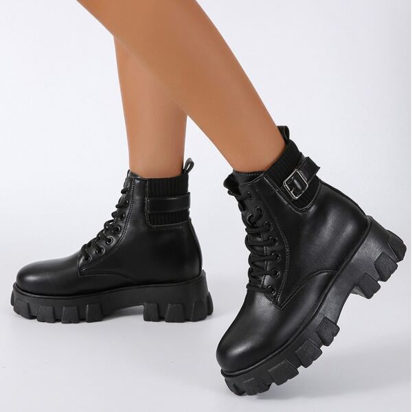 

Buckle Decor Lace-up Platform Boots, Black