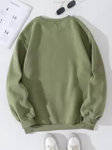 SHEIN LUNE Solid Drop Shoulder Thermal Lined Sweatshirt,Long Sleeve Tops Graduation,Back To School Outfits,Graduation,Teacher Outfits For Women,Back To School Pullover Fall Outfit - Army Green - View 2