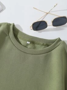 SHEIN LUNE Solid Drop Shoulder Thermal Lined Sweatshirt,Long Sleeve Tops Graduation,Back To School Outfits,Graduation,Teacher Outfits For Women,Back To School Pullover Fall Outfit - Army Green - View 3