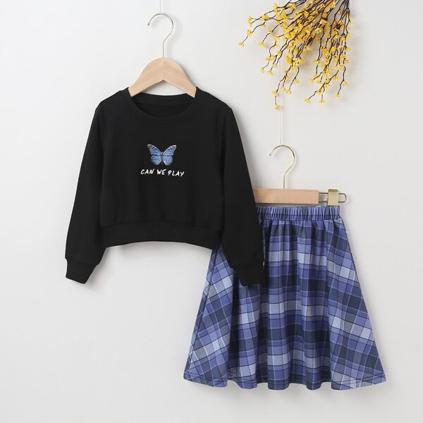 

Toddler Girls Butterfly And Slogan Graphic Pullover & Plaid Flared Skirt, Multicolor