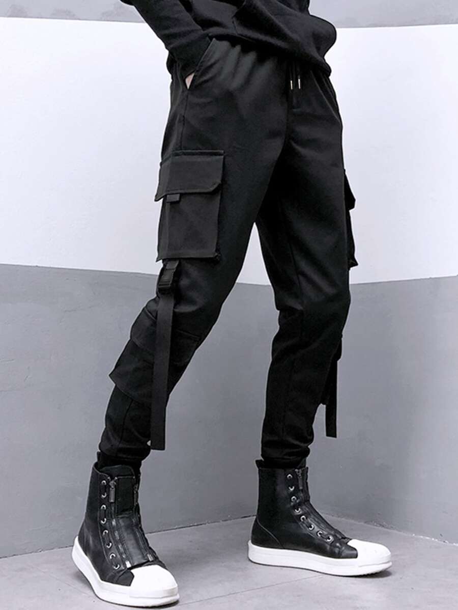 Manfinity Roghcode Men Flap Pocket Buckled Drawstring Waist Cargo Trousers - Black - View 1