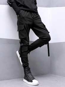 Manfinity Roghcode Men Flap Pocket Buckled Drawstring Waist Cargo Trousers - Black - View 3