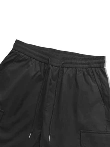 Manfinity Roghcode Men Flap Pocket Buckled Drawstring Waist Cargo Trousers - Black - View 4