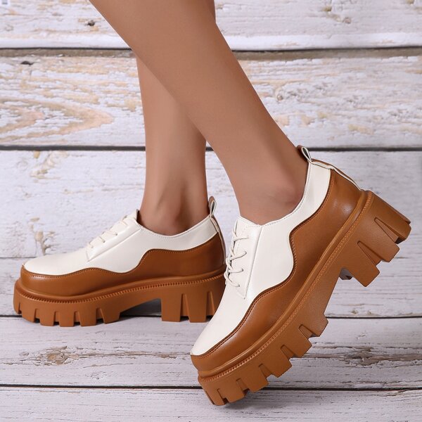 

Two Tone Lace-up Platform Oxfords, Beige