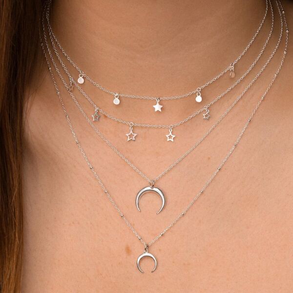 

Moon Pendant Layered Necklace, Silver