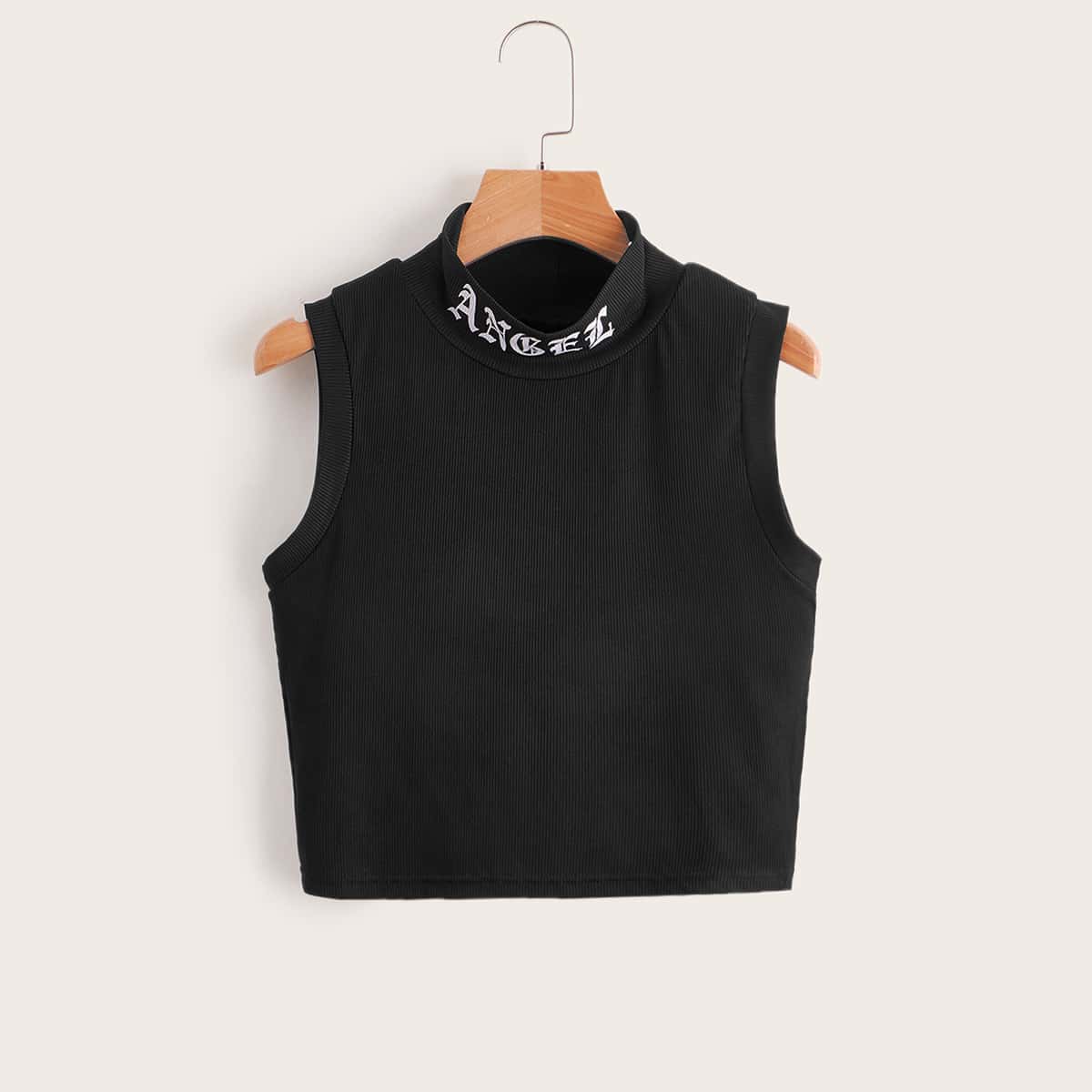 

Letter Ribbed Crop Tank Top, Black