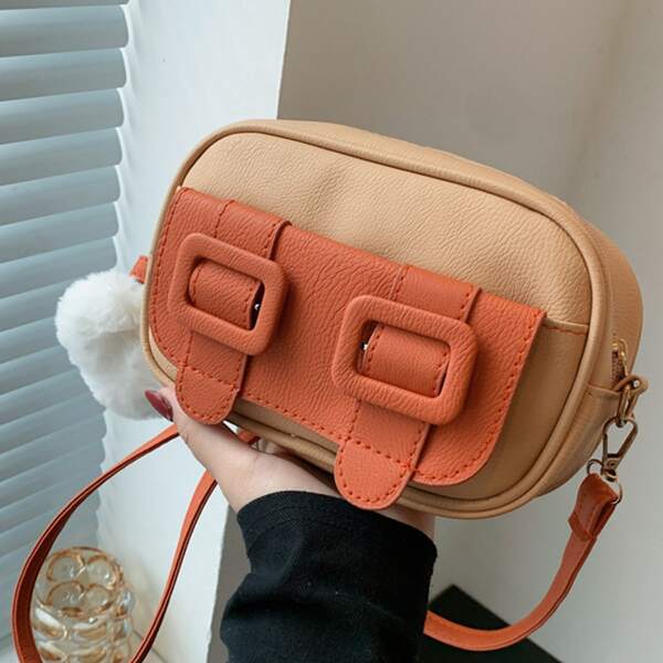 

Two Tone Buckle Decor Crossbody Bag, Coffee brown