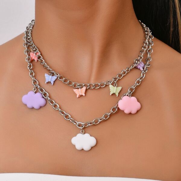 

Random Color Butterfly Pendant Layered Necklace, Multicolor