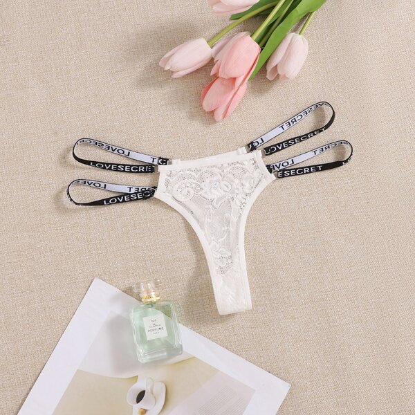 

Cut-out Letter Tape Floral Lace Thong, White