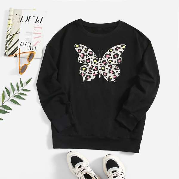

Plus Leopard Butterfly Print Sweatshirt, Black