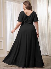 Plus Chiffon Double V-neck Flutter Sleeve Maxi Bridesmaid Dress - Black - View 2