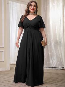 Plus Chiffon Double V-neck Flutter Sleeve Maxi Bridesmaid Dress - Black - View 3