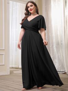Plus Chiffon Double V-neck Flutter Sleeve Maxi Bridesmaid Dress - Black - View 4