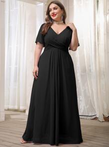 Plus Chiffon Double V-neck Flutter Sleeve Maxi Bridesmaid Dress - Black - View 5