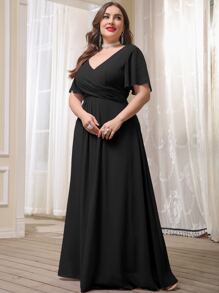 Plus Chiffon Double V-neck Flutter Sleeve Maxi Bridesmaid Dress - Black - View 6